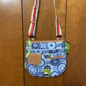 NEW! Lily Bloom blue shoulder purse with red, white, and blue adjustable straps.
